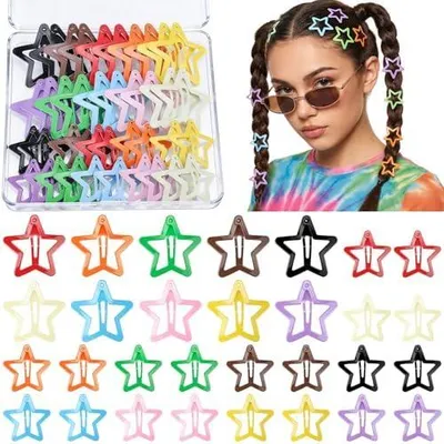 Produktbild von 40 bunte Stern-Haarspangen im Y2K-Stil, 2 Größen mit 3 cm und 4,1 cm, für Mädchen | Glatte und robuste Metallspangen mit Schnappverschluss für Pony, Zöpfe und Partys, 20 x 3 cm + 20 x 4,1 cm