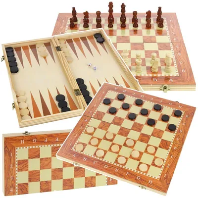 Obrázok produktu pre Šachy, dáma, backgammon – drevená spoločenská hra 3 v 1, klasická spoločenská hra