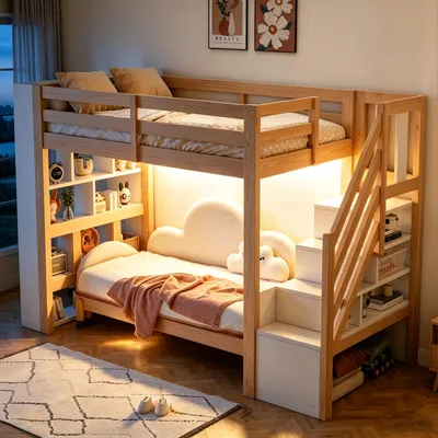 Zdjęcie produktu dla Łóżko piętrowe Merax, wymiar 90x200 cm, wykonane z drewna, z półkami do przechowywania, z barierką ochronną, z drabiną do przechowywania, z oświetleniem LED, w naturalnym kolorze