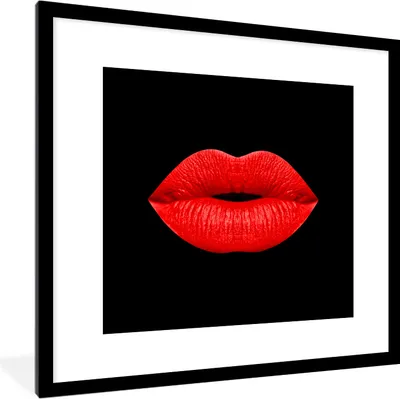 Produktbild von MuchoWow® MuchoWow® Gerahmtes Poster Lippen - Rot - Schwarz 40x40 cm - Poster mit zchwarzem Bilderrahmen - Poster - Plakat im Rahmen