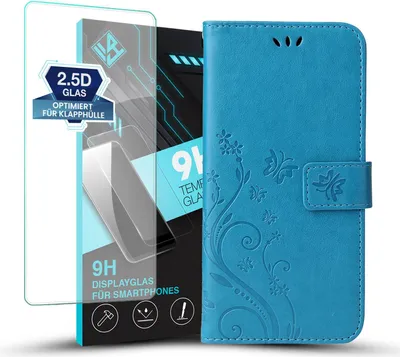 Produktbild von Handyhülle für Samsung Galaxy S24 FE mit 9H Displayglas Floral Blumen Schmetterling Flip Cover Hülle Case Klapphülle Handytasche Farbe: Blau