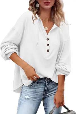 Produktbild von ASKSA Damen Kapuzenpullover Sweatshirts Hoodies Kordelzug Tiefer V-Ausschnitt Knopfleiste Tops, Weiß, S