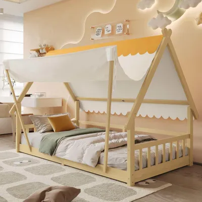 Produktbild von Kinder-Spielhaus-Bett mit abnehmbarem Zeltdach, Sicherheitsgeländer & stabilen Lattenrosten – Massivholz in Natur, 90x200cm