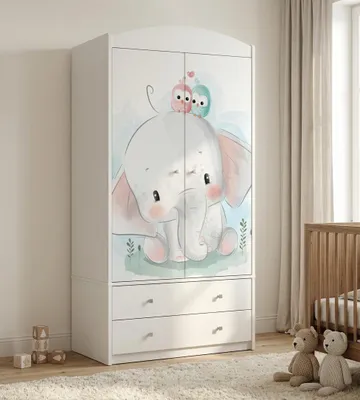 Image de Armoire pour enfants blanche, 2 portes et 2 tiroirs, 88 x 187 cm. Grande armoire pour chambre d'enfant avec tringle, petit éléphant