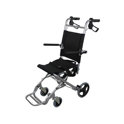 A product shot of a foldable wheelchair.