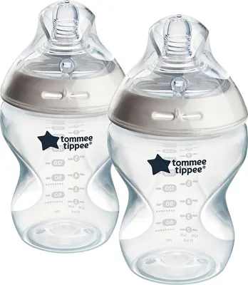 Two clear baby bottles with gray collars and clear nipples are shown against a white background.