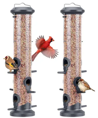 Produktbild von Vogelfutterspender 38cm mit 6 Anflugstangen, Wildvogelfutterstation für Sämereien, ganzjährige Fütterung, Schwarz