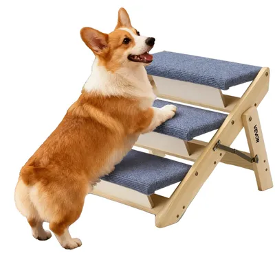 Zdjęcie produktu dla Schody dla psów VEVOR 510 x 470 x 370 mm, 3-stopniowe schody dla zwierząt, składane schody drewniane odpowiednie dla małych, średnich, dużych i starszych zwierząt domowych oraz szczeniąt o wadze do 68 kg, drabinka dla psów do łóżek, sof i samochodów