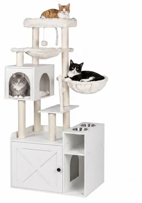 Produktbild von Relaxdays Kratzbaum mit Katzenkloschrank & Futterstation, HBT 144x71x45,5 cm, Sisalstämme & Liegemulde, Holzoptik, weiß