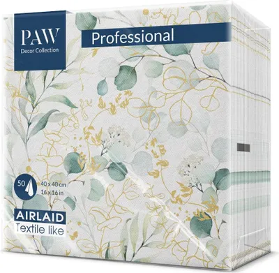 Image de PAW - Serviettes Airlaid - Semblables à du tissu (40 x 40 cm) I 50 pièces I Idéal pour mariage, baptême, communion, anniversaire I Serviettes en tissu - Feuilles, EucalyptusI Couleur : Golden eucaliptus