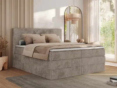 Produktbild von MKS MEBLE Boxspringbett 200x200 Hellbraun Cord, Boxspringbett mit Matratze H3, Bett 200x200 mit Bettkasten and Kopfteil, Doppelbett mit Stauraum, Topper T25, Polsterbett 200x200 - Tiliano King