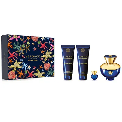 Produktbild von Versace Pour Femme Dylan Blue Duftset - 100ml Eau de Parfum + 5ml Mini Eau de Parfum + 100ml Duschgel + 100ml Körperlotion