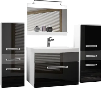 Produktbild von BELINI Badmöbel Vollausstattung Set Waschbeckenschrank, 2x kleiner Schrank, Waschbecken, Spiegel, Lampe (Schwarz/ Silber, Glänzend)