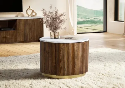 Produktbild von Couchtisch 60cm mit Tür "Valencia"' Mango braun lackiert & Marmor weiss