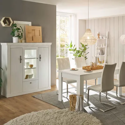 Produktbild von Esszimmer Set mit Beleuchtung, Pinie weiß im Landhaus-Stil, 2-teilig - RAPLA-61