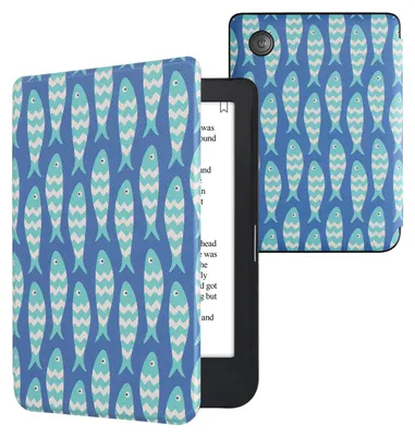 Produktbild von kwmobile Schutzhülle für Kobo Clara 2E / Tolino Shine 4 Hülle - eReader Flip Case mit Auto Sleep Funktion - Kleine Fische mit Blau Hellblau Weiß