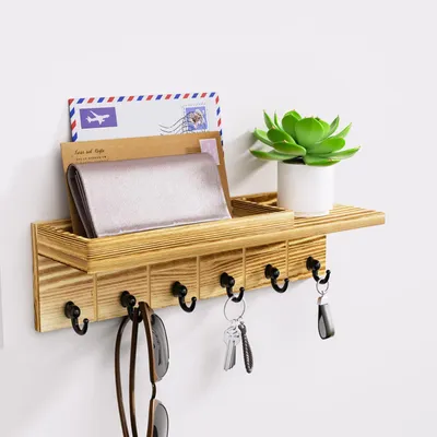 Produktbild von Schlüsselbrett aus Holz mit 6 Haken und Ablage für Flur oder Büro – Braun, 32 x 9 x 9 cm