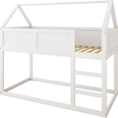 Produktbild von Etagen-Kinderbett(Weiss)90 * 200 cm, niedriges Etagen-Einzelbett, Hochbett mit Treppe, Massivholzrahmen