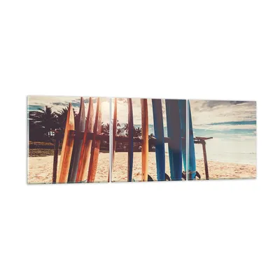 Produktbild von Bilder auf glas - 3 Teile - Surfen Strand Board - 90x30cm - Glasbilder - Wandbilder - Bilder - zum Aufhängen bereit - Wanddekoration aus Glas - Glas Bilder - Wandbild auf Glas - GCA90x30-4992