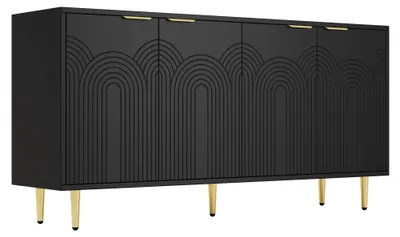 Image de Buffet noir avec 4 portes poignées et pieds dorées 160x40x80cm
