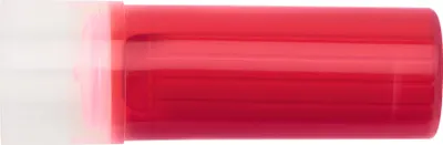 A close-up, side view of a red lip balm or lipstick in a clear tube with a white cap.