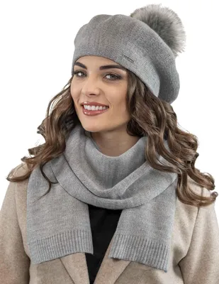 Image de Vivisence béret femme avec pompon élégant bonnet d'hiver et écharpe couvre tête et cou pour l'hiver et l'automne chaud épais, ensemble d'hiver pour femmes, fabriqué en eu, gris clair, e