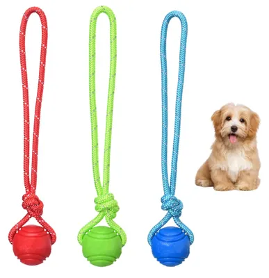 Immagine prodotto di Palla da gioco per cani con corda, 5 cm di diametro, confezione da 3 pezzi, in gomma, colore rosso, blu e verde, con elementi riflettenti
