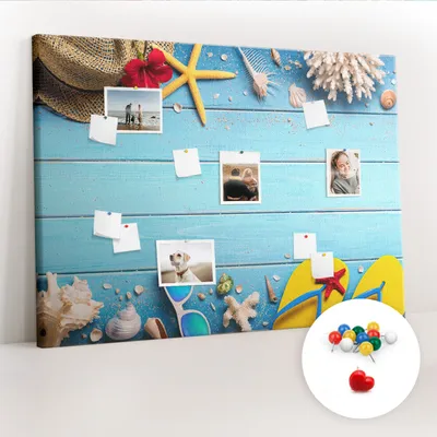 Produktbild von Korkwand mit Reißzwecken – Pinnwand mit Reißzwecken für Fotos und Notizen – 140x100 cm – 100 farbige Reißzwecken – Strandmotive