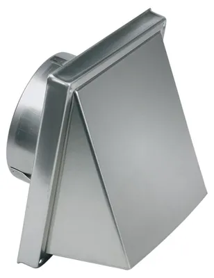 A silver metal vent hood with a circular connection point on the left and a triangular face on the right.
