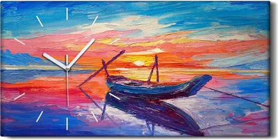 Produktbild von Leinwand Uhr Küche Wohnzimmer Bild 60x30 Ölgemälde Boot Sonnenuntergang Kunst - weiße Hände