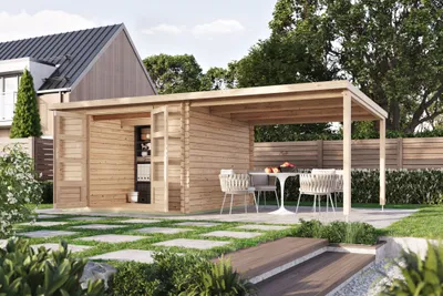 Produktbild von Karibu Gartenhaus Gerätehaus Blockhaus Mansfield naturbelassen 571x297x205 cm mit Anbaudach