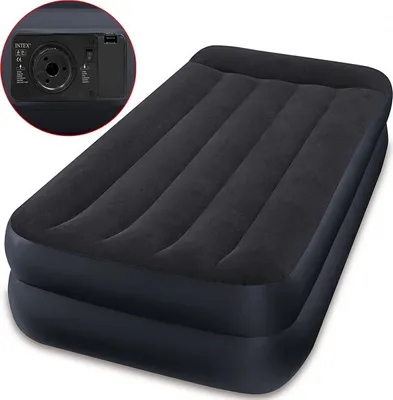 A black inflatable mattress with an integrated pump.