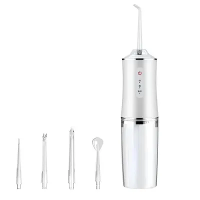 A white and clear portable wireless water flosser with multiple attachments is displayed against a white background.