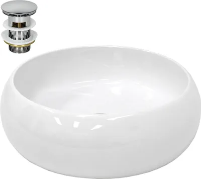 Produktbild von LuxeBath Waschbecken Aufsatzwaschbecken Rund, Ø 35x12 cm, Weiß, aus Keramik, inkl. Ablaufgarnitur ohne Überlauf