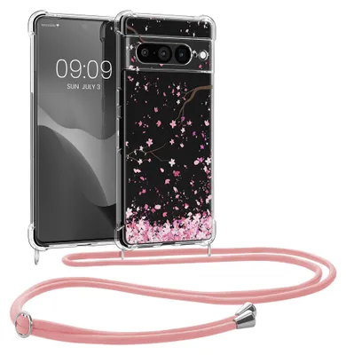 Produktbild von kwmobile Necklace Case kompatibel mit Google Pixel 7 Pro Hülle - Silikon Cover mit Handykette - Rosa Dunkelbraun Transparent Kirschblütenblätter