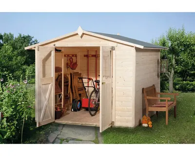 Produktbild von WEKA 316.2530.20400 Gartenhaus/Blockbohlenhaus Classic mit Doppeltür ; Größe: 5 ; Farbgebung: Naturbelassen ; Wandstärke: 19 mm ; Maße (LxBxH): 295 cm x 254 cm x 221 cm ; Seitenwandhöhe: 185 cm