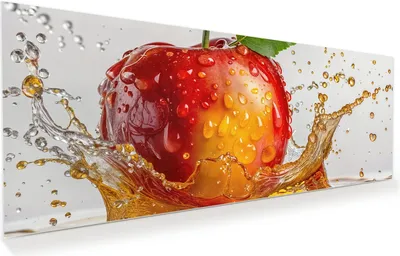 Produktbild von Glasbild 100x40cm in XXL für Wohnzimmer, Schlafzimmer Motiv Spritzender Apfel