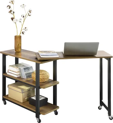 An L-shaped desk with shelves and a laptop on it, against a white background.