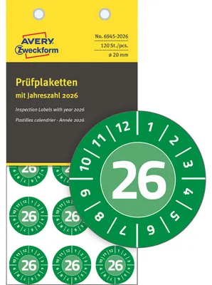 Produktbild von Avery Zweckform 6945-2026, Prüfplaketten, ? 20 mm, 8 Bögen, grün