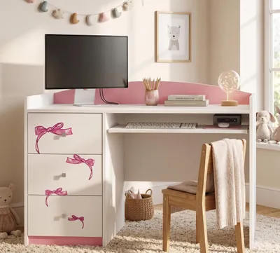 Produktbild von Rosa Kinderschreibtisch mit Schublade und Schrankfach, Schülerschreibtisch Hausaufgabentisch für Mädchen, Computertisch mit Motiv, KI-generiertes Bild