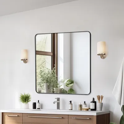 A bathroom vanity with a mirror, sink, faucet, and various toiletries.