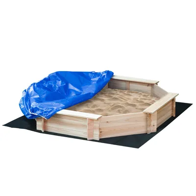 Produktbild von Outsunny Sandkasten mit Abdeckung 8-eckig Sandkiste aus Massivholz Bodenloses Design für Kinder 3-8 Jahre Natur+Blau 139,5 x 139,5 x 21,5 cm