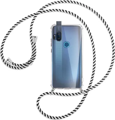 Produktbild von Handykette Backcover-Schutzhülle mit Band (Metall silberfarben) für Motorola One Hyper - schwarz/weiß gestreift