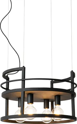 A black industrial-style pendant light with four exposed bulbs, suspended by thin wires against a white background.