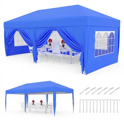 Image de Tente pliante, imperméable, réglable en hauteur, bleue, 3 x 6 m