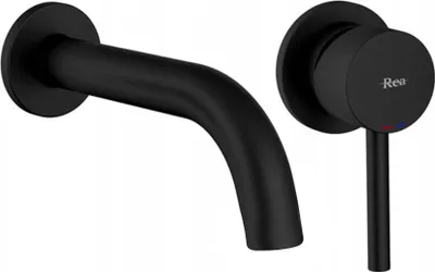 A black wall-mounted faucet and its control handle, shown against a white background.