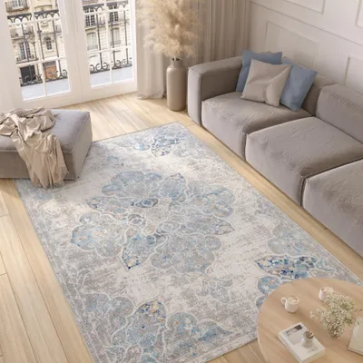 Produktbild von Teppich Wohnzimmer Schlafzimmer Kurzflor Modern Design Weiß Grau Blau Vintage Blumen Used Effekt Meliert 200 x 300 cm