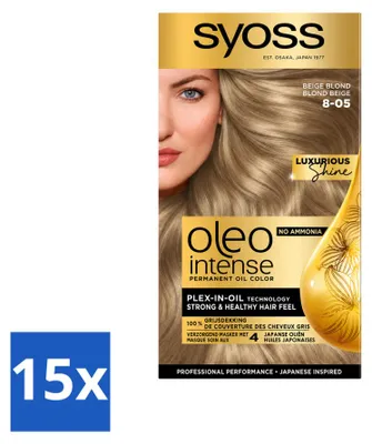 Zdjęcie produktu dla 15 sztuk SYOSS Oleo Intense 8-05 Beżowy Blond - Trwała farba do włosów bez amoniaku - Opakowanie ekonomiczne