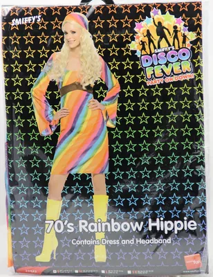 Produktbild von 70er Jahre Hippiekostüm Kostüm Hippie für Damen Kleid Rainbow Flowerpower Disko Gr. 36-50, Größe:XL