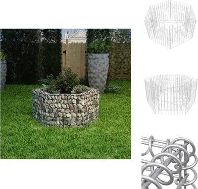 A hexagonal gabion planter filled with stones and plants, situated on a green lawn in a garden setting. Other garden elements like a tall planter and a wooden fence are visible in the background. Wireframe diagrams of the planter are also shown.